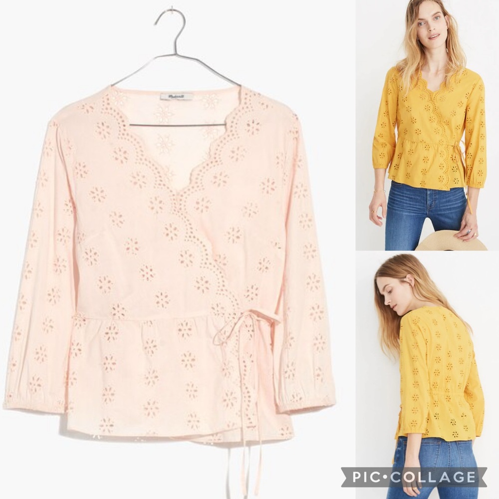 Madewell 100% Cotton Cream Scalloped Eyelet Lace Surplice Wrap Blouse Top